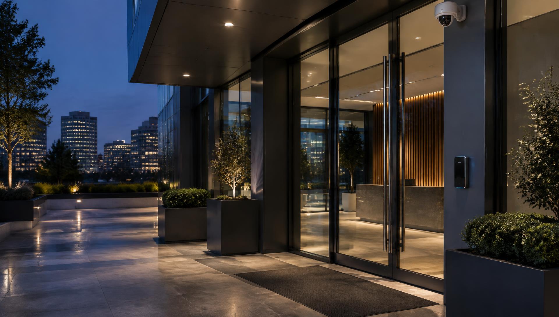 Modern commercial building entrance with CCTV camera and access control reader at dusk