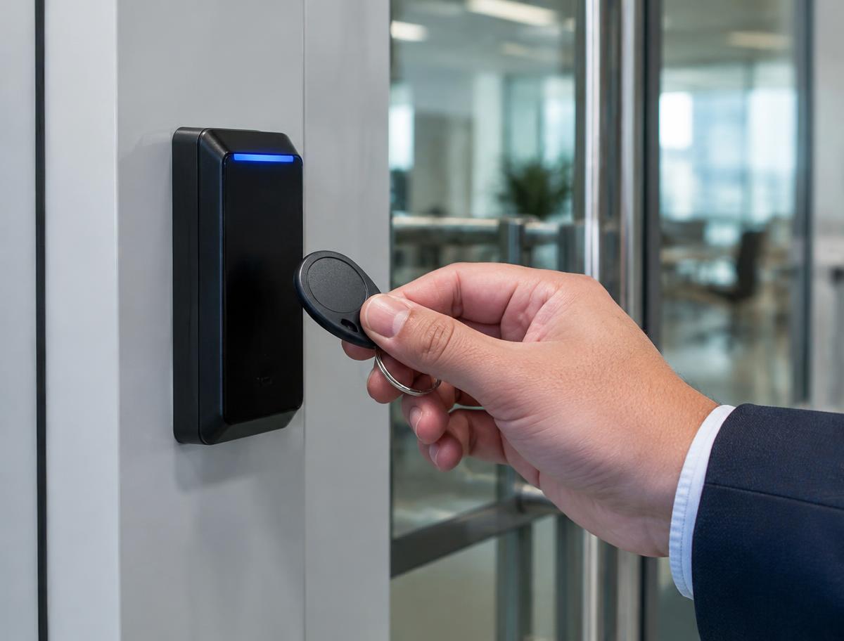 Key fob being presented to an access control reader beside a glass office door