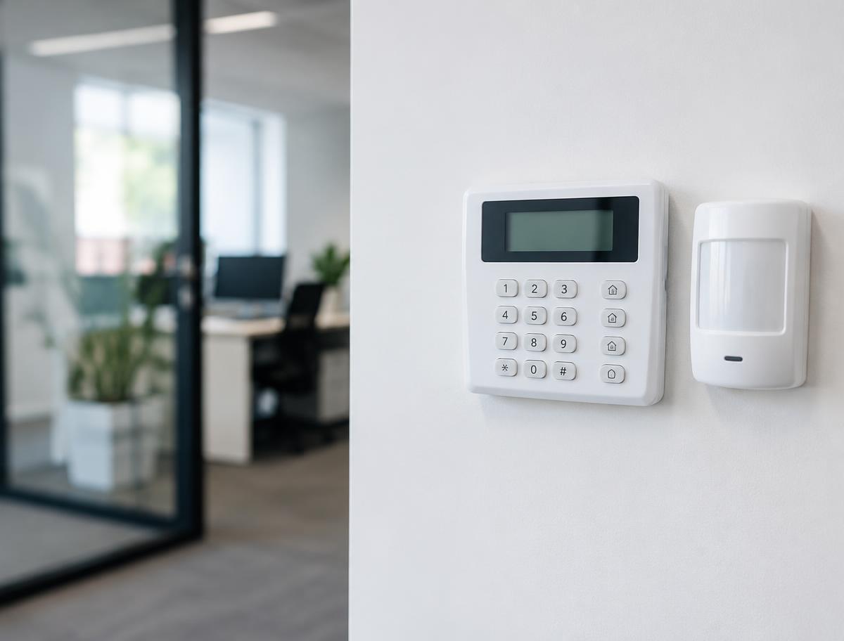 Intruder alarm keypad and motion sensor on an office wall